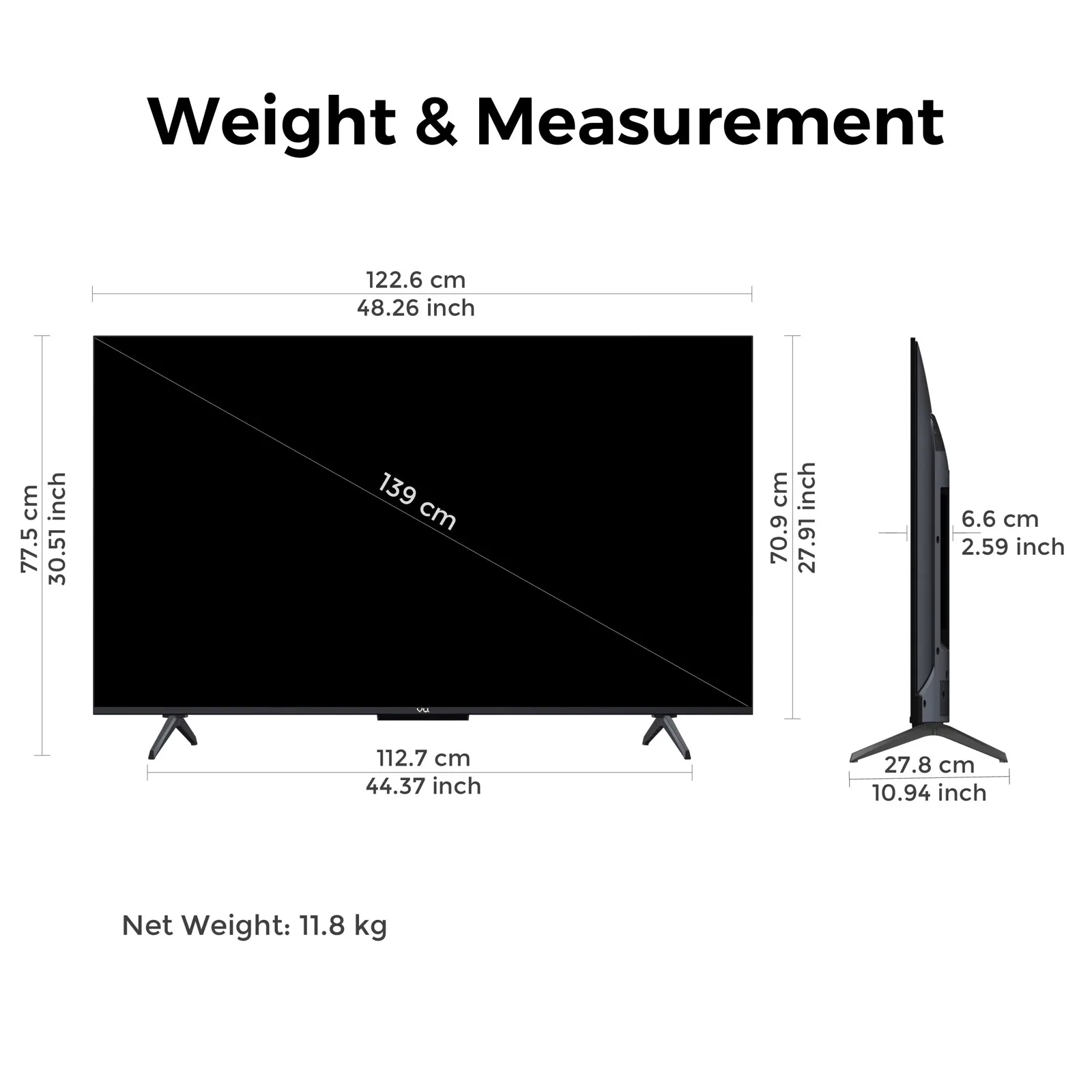Dimensions and weight specifications of Vu Glo MiniLED TV 55 inch model